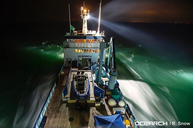 Chris Fischer has led 20 global expeditions aboard his research vessel Ocearch to advance science and education while unlocking the many mysteries surrounding the life history of white sharks and other giants of the ocean. © Ocearch/R. Snow